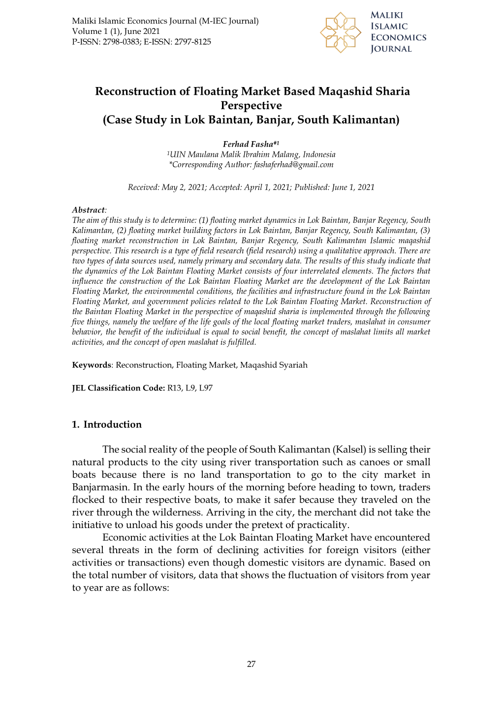 Reconstruction of Floating Market Based Maqashid Sharia Perspective (Case Study in Lok Baintan, Banjar, South Kalimantan)