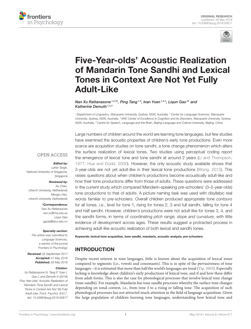 Five-Year-Olds' Acoustic Realization of Mandarin