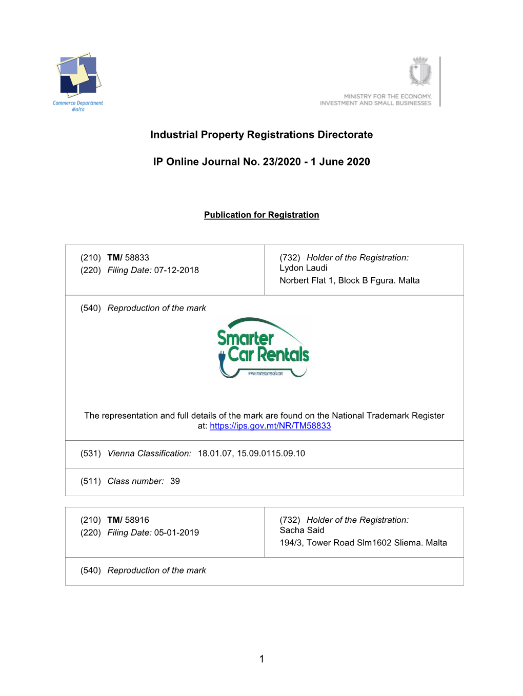 1 Industrial Property Registrations Directorate IP Online Journal No