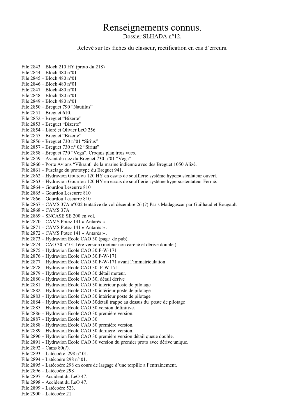 Renseignements Connus. Dossier SLHADA N°12