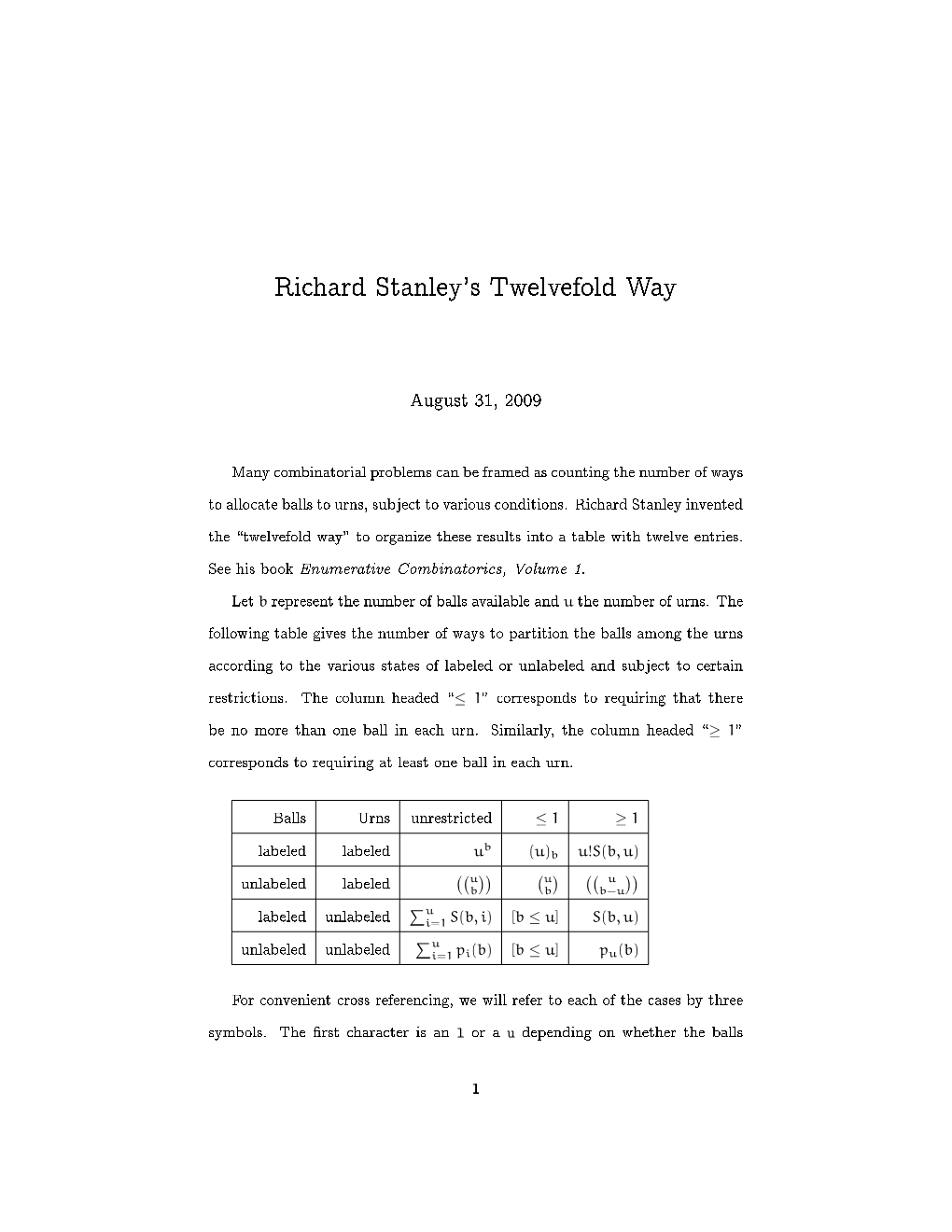 Richard Stanley's Twelvefold Way (Combinatorics)