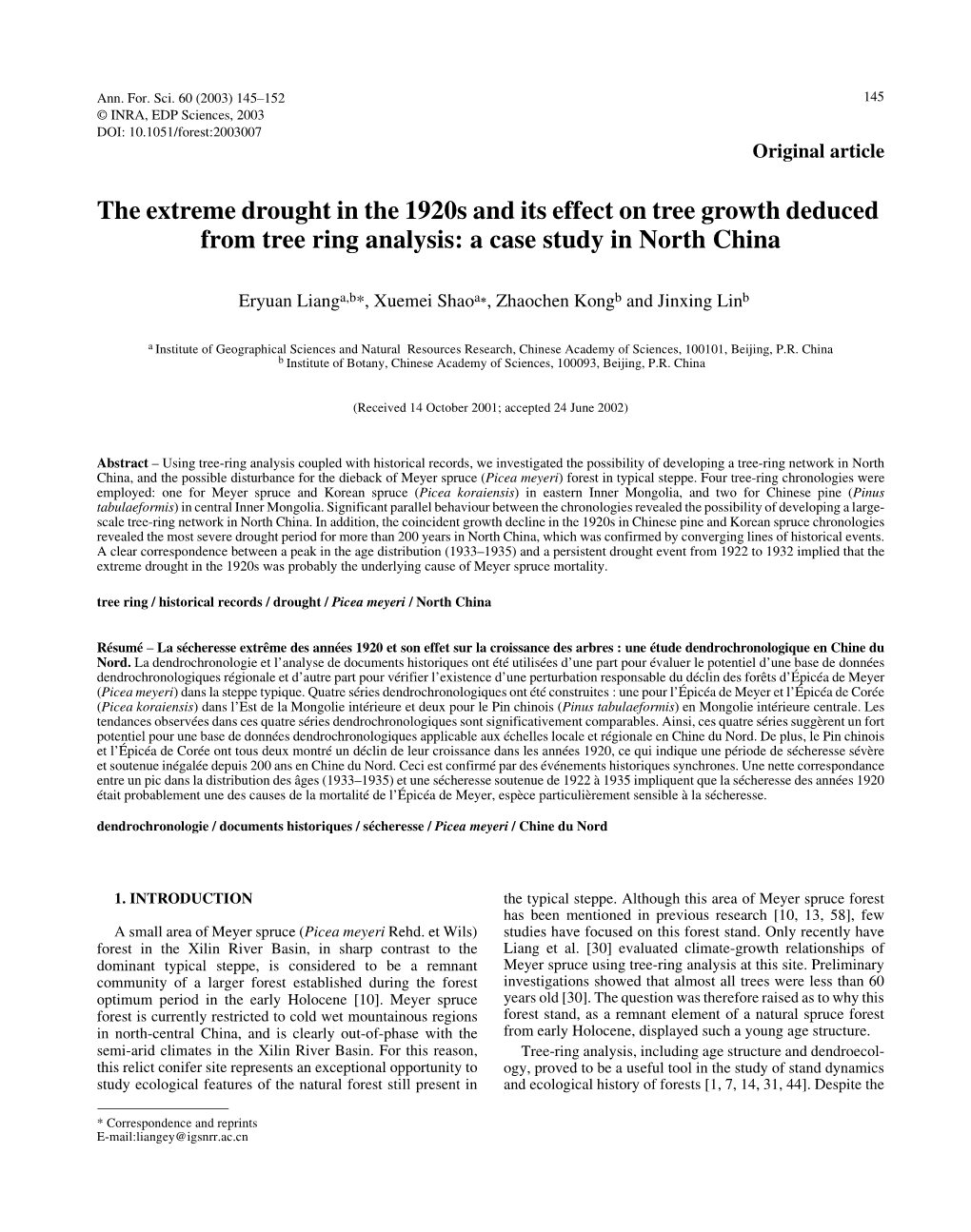 The Extreme Drought in the 1920S and Its Effect on Tree Growth Deduced from Tree Ring Analysis: a Case Study in North China