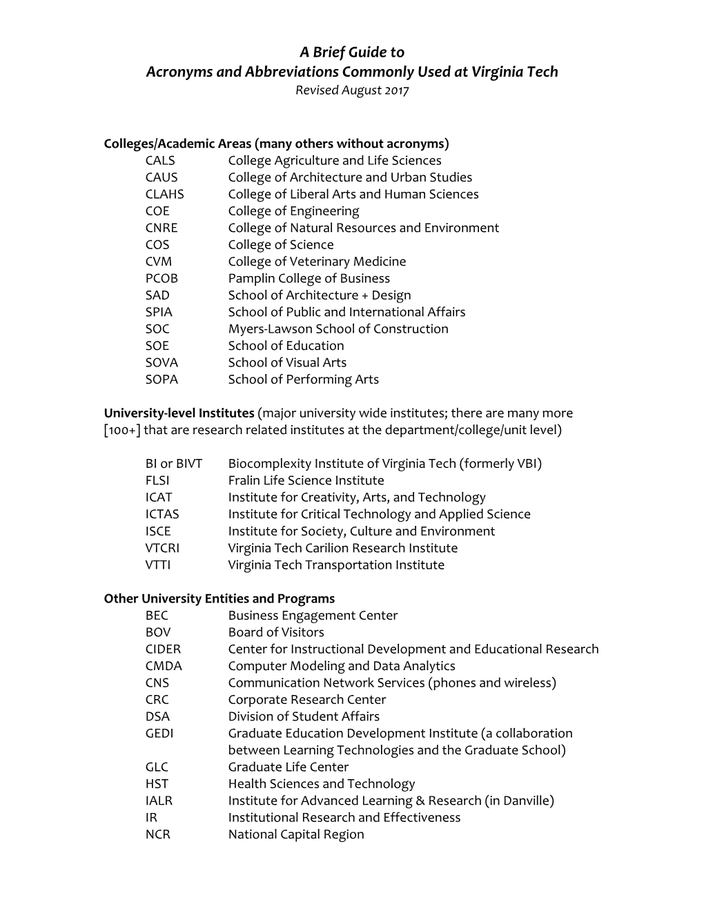 A Brief Guide to Acronyms and Abbreviations Commonly Used at Virginia Tech Revised August 2017