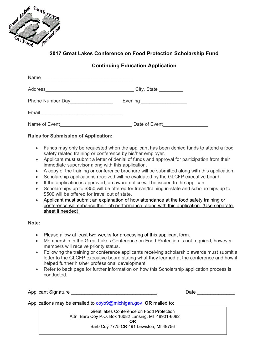 Food Protection Conference Scholarship Application