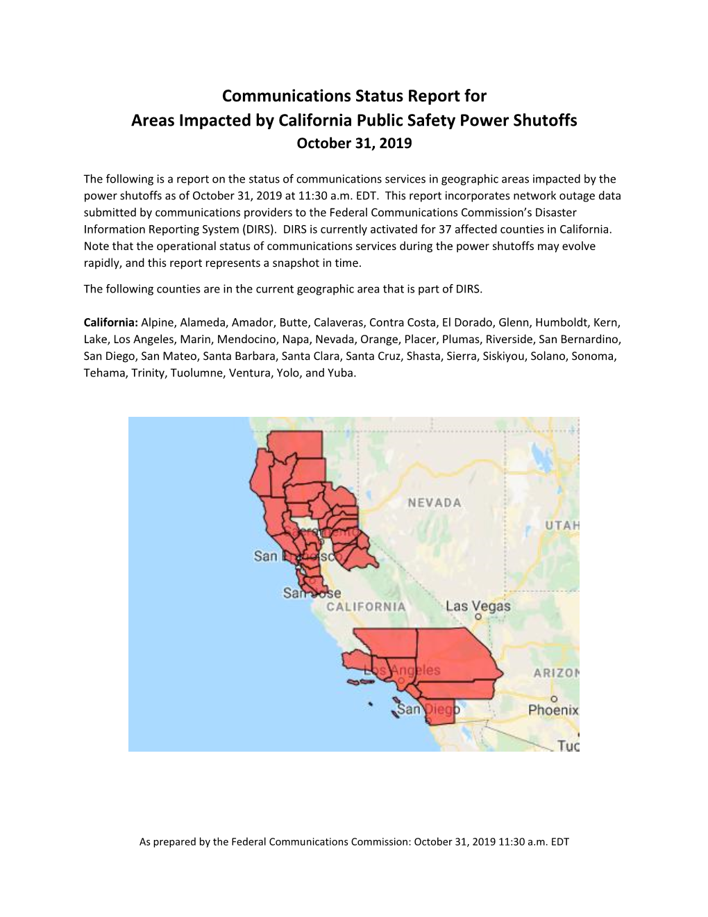 Communications Status Report for Areas Impacted by California Public Safety Power Shutoffs October 31, 2019