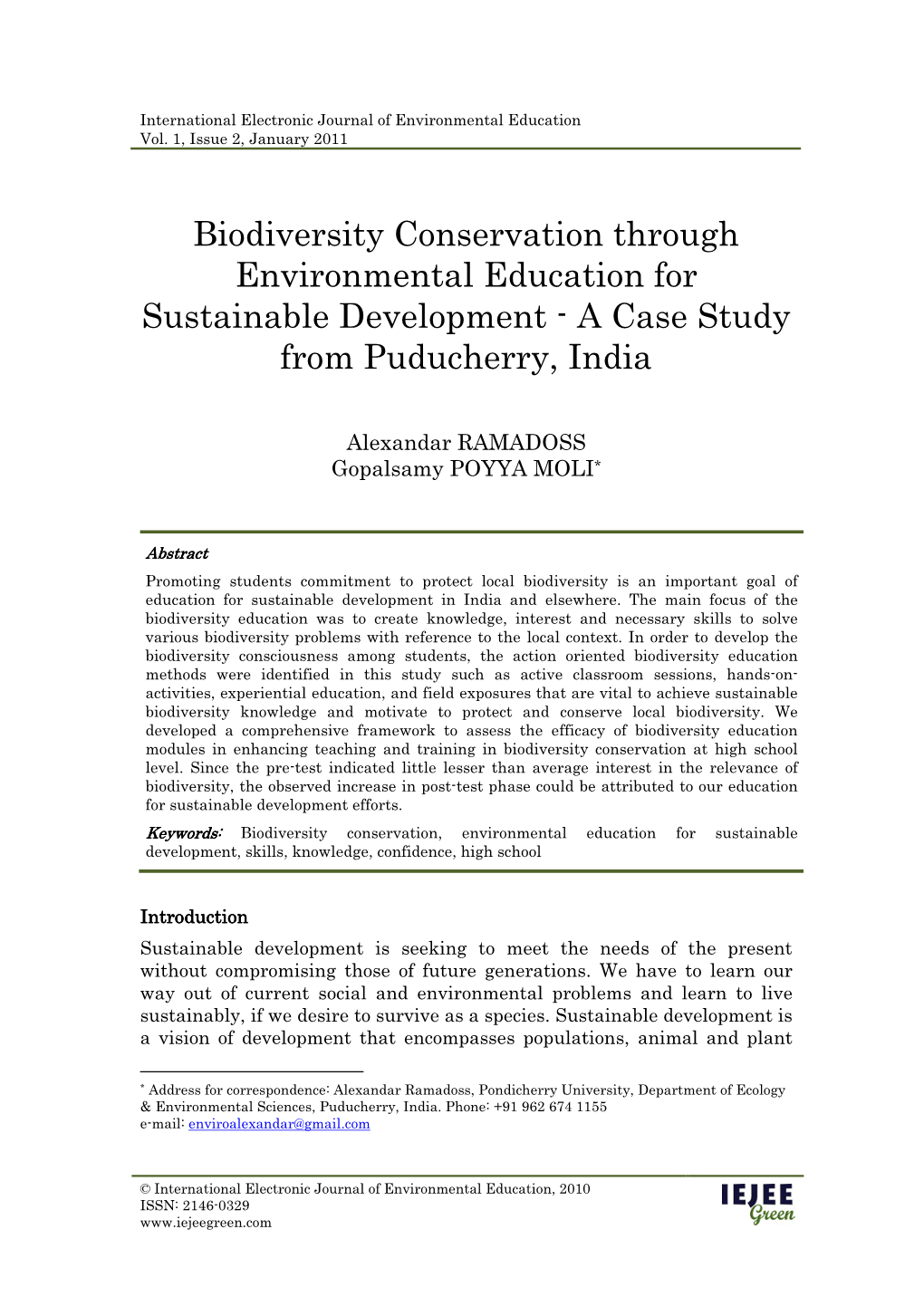 Biodiversity Conservation Through Environmental Education for Sustainable Development � a Case Study from Puducherry, India