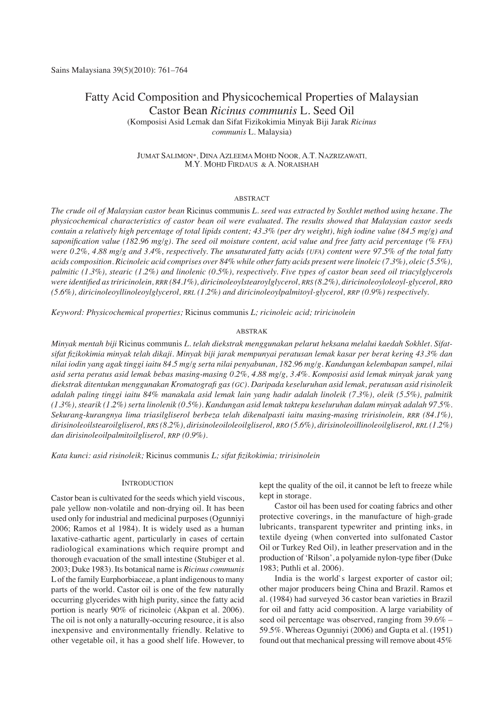 Fatty Acid Composition and Physicochemical Properties of Malaysian Castor Bean Ricinus Communis L