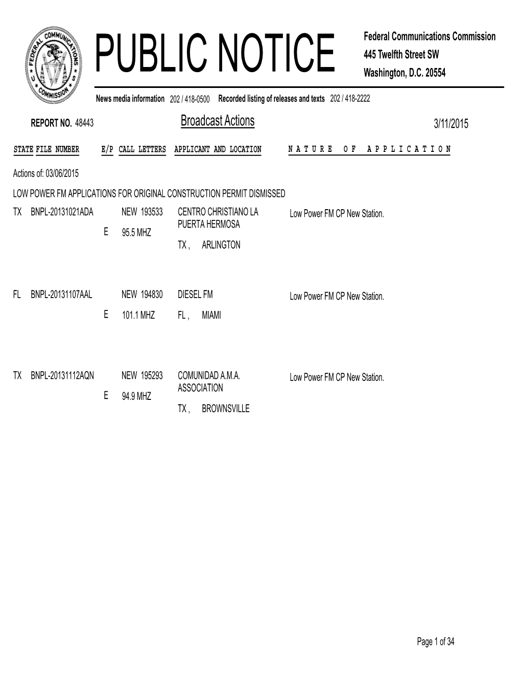 Broadcast Actions 3/11/2015