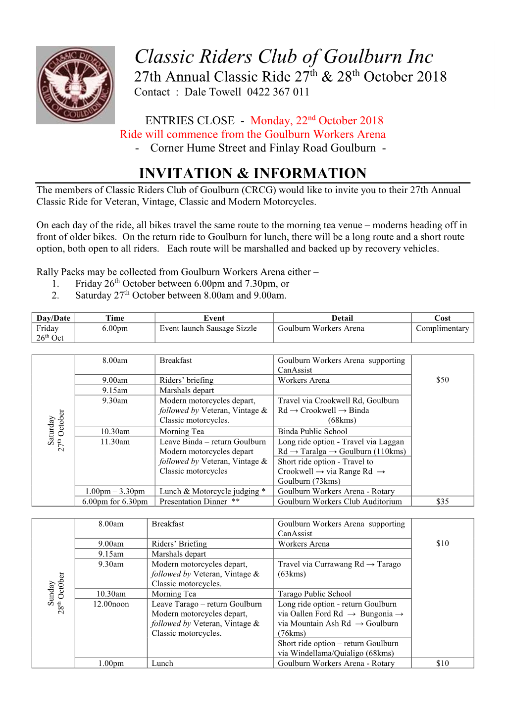 ENTRY FORM - Classic Riders Club of Goulburn Inc 27Th Annual Classic Ride 27Th & 28Th October 2018