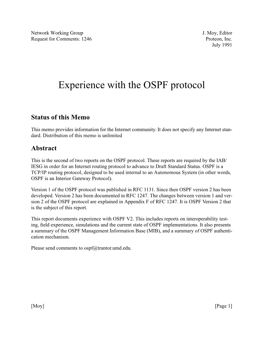 Experience with the OSPF Protocol