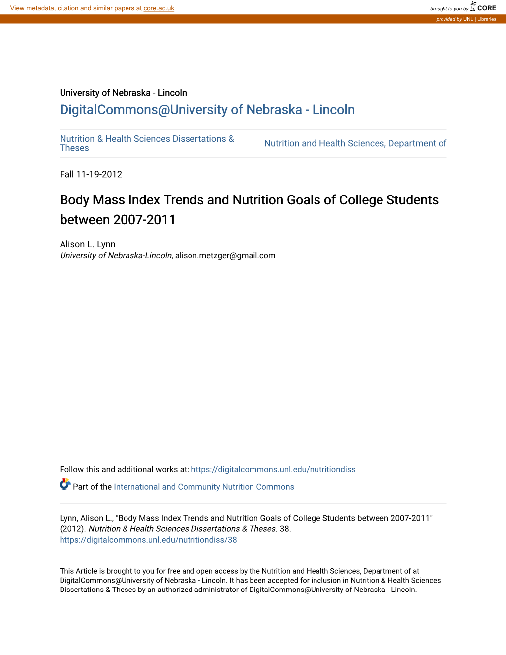 Body Mass Index Trends and Nutrition Goals of College Students Between 2007-2011