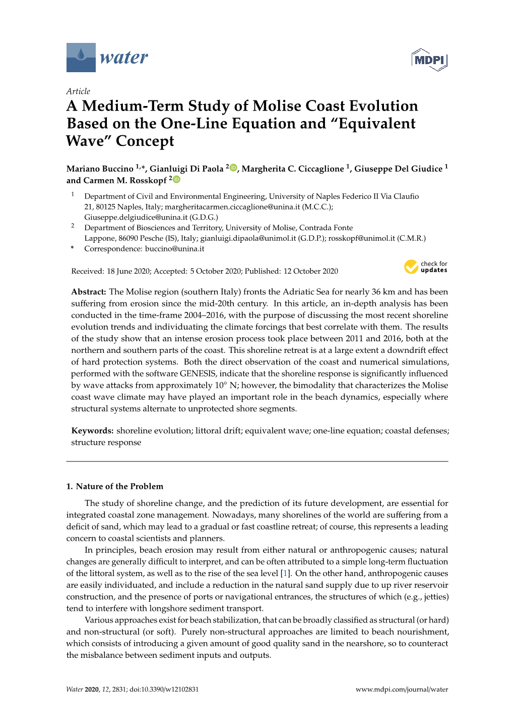 A Medium-Term Study of Molise Coast Evolution Based on the One-Line Equation and “Equivalent Wave” Concept