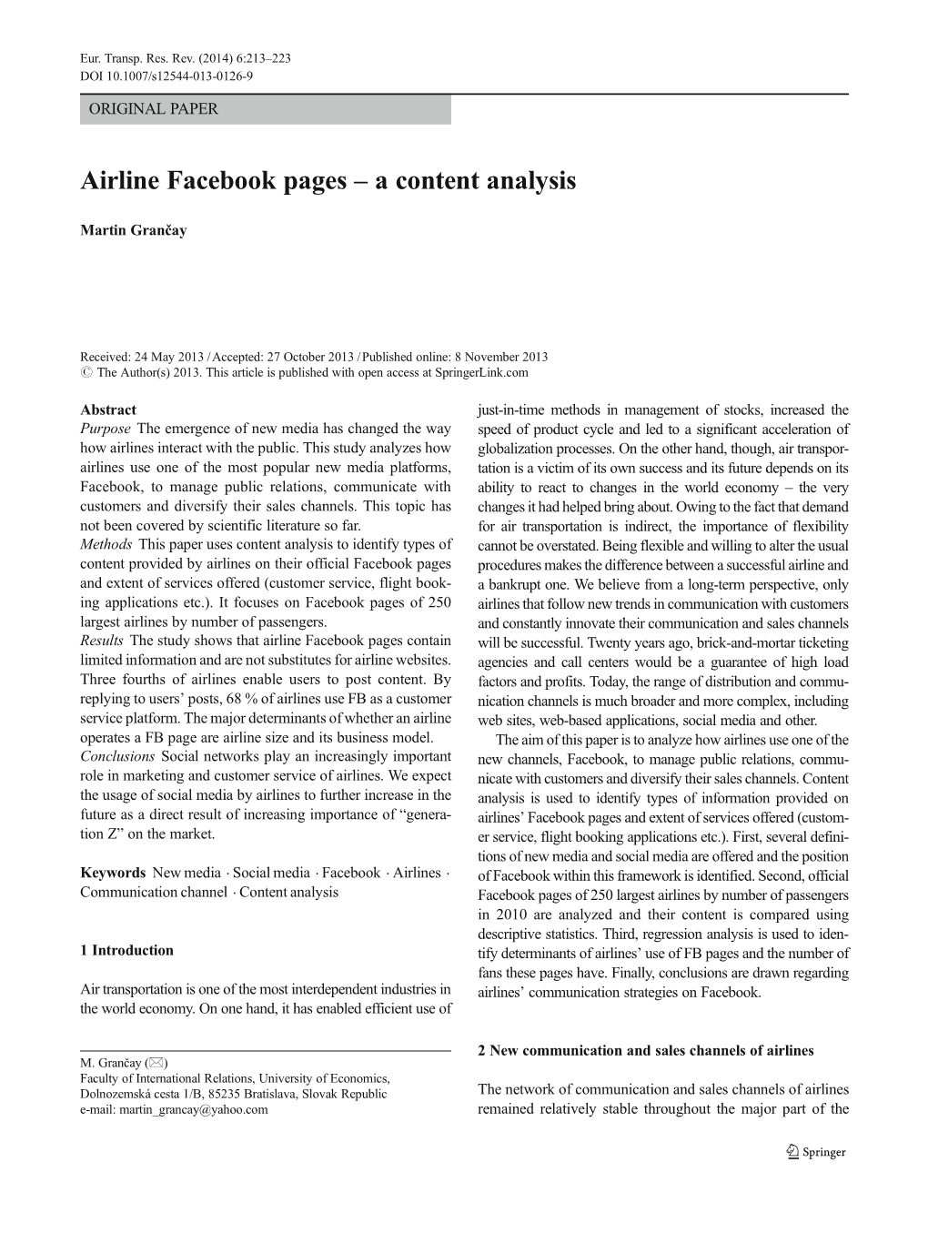 Airline Facebook Pages – a Content Analysis