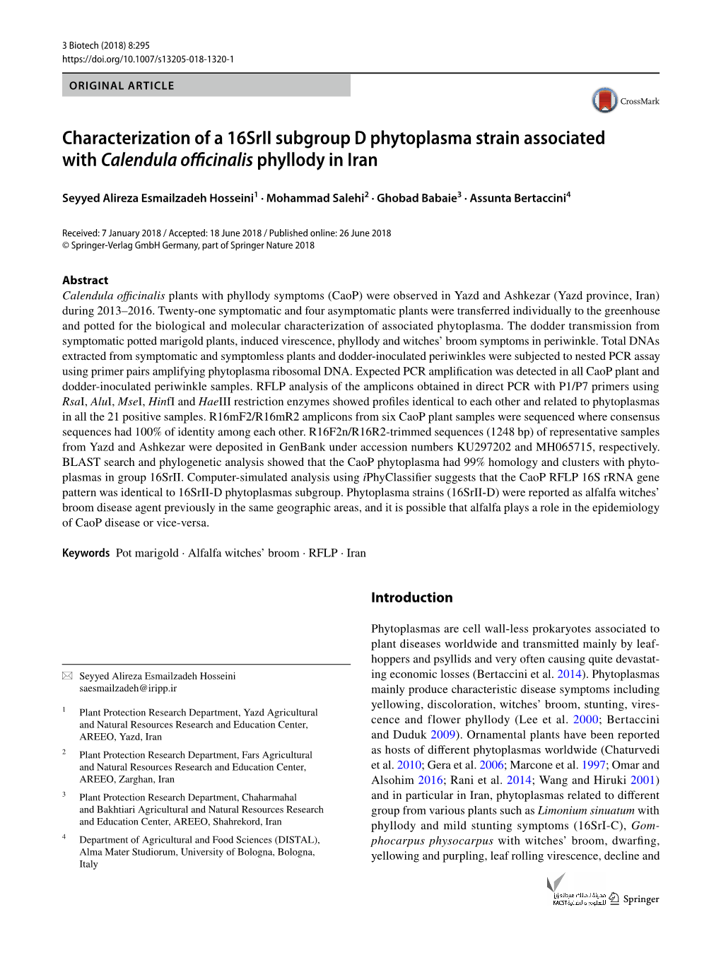 Characterization of a 16Srii Subgroup D Phytoplasma Strain Associated with Calendula Officinalis Phyllody in Iran