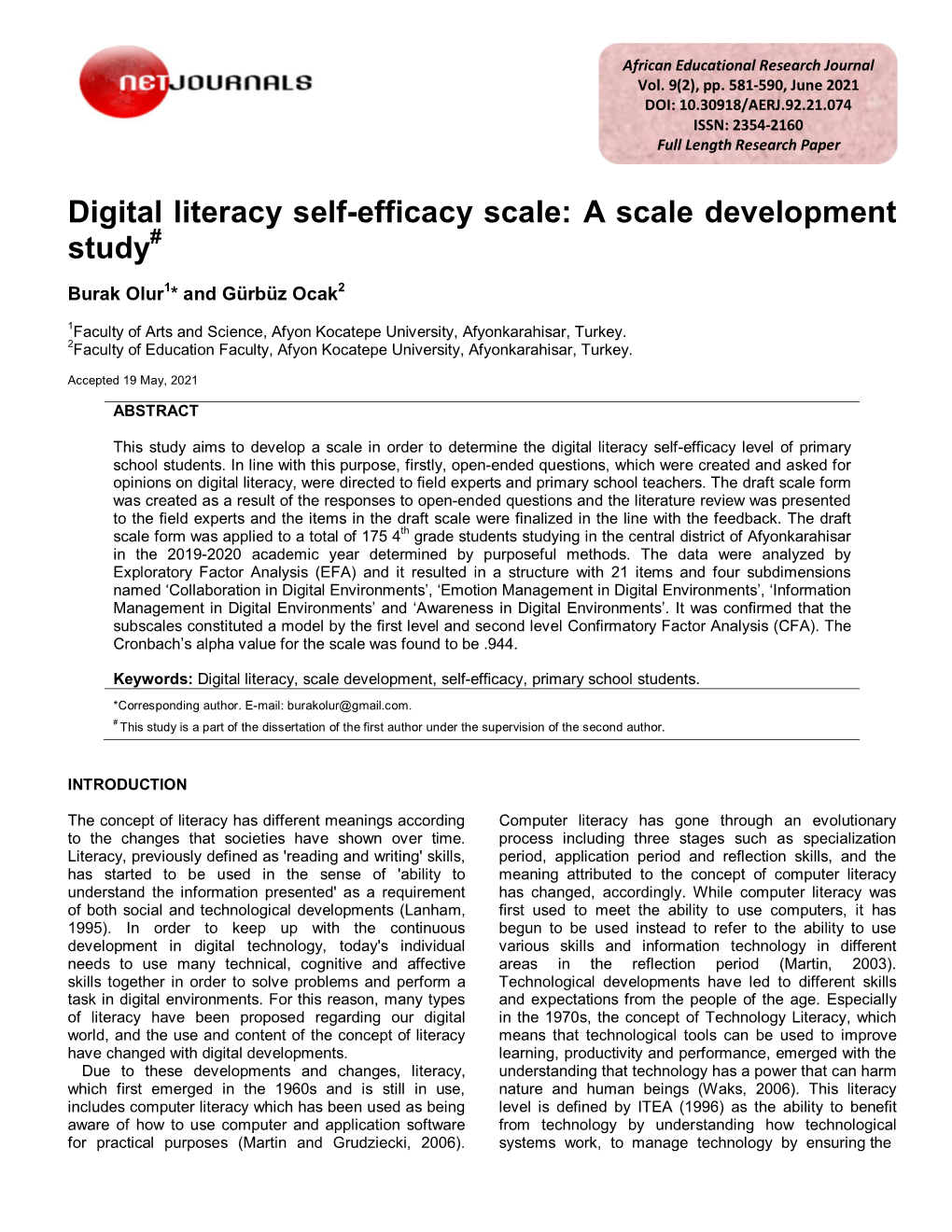 Digital Literacy Self-Efficacy Scale: a Scale Development Study