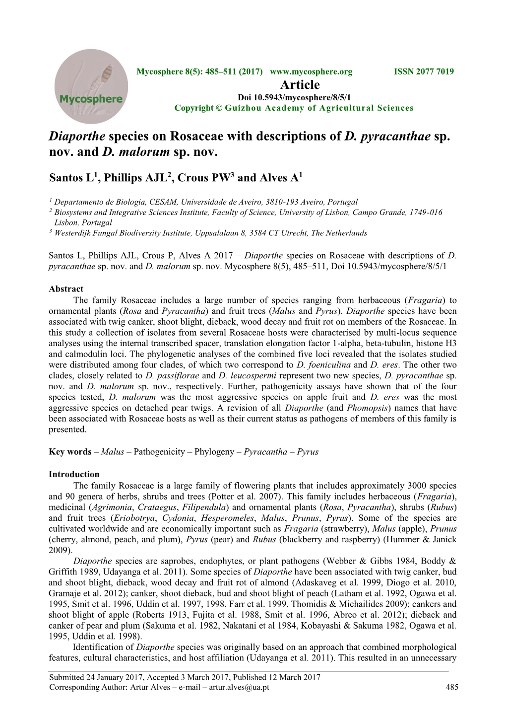 Diaporthe Species on Rosaceae with Descriptions of D. Pyracanthae Sp. Nov. and D. Malorum Sp. Nov. Article