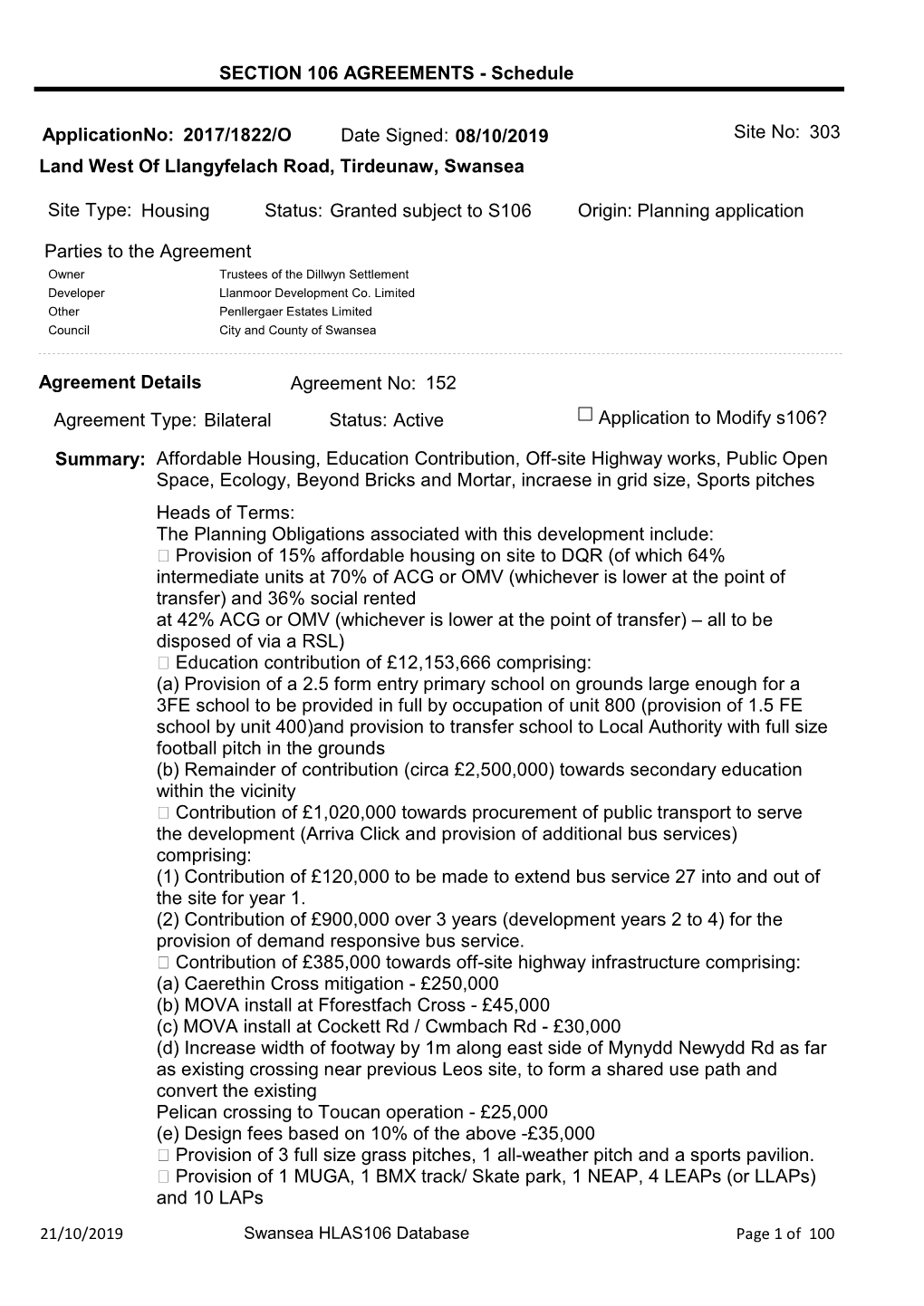 SECTION 106 AGREEMENTS - Schedule