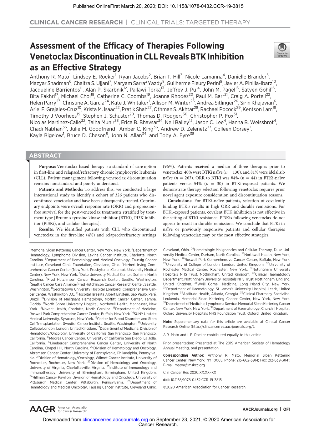 Assessment of the Efficacy of Therapies Following Venetoclax Discontinuation in CLL Reveals BTK Inhibition As an Effective Strategy