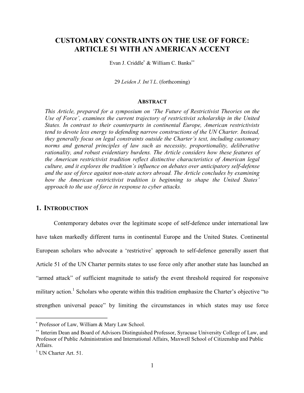 Customary Constraints on the Use of Force: Article 51 with an American Accent