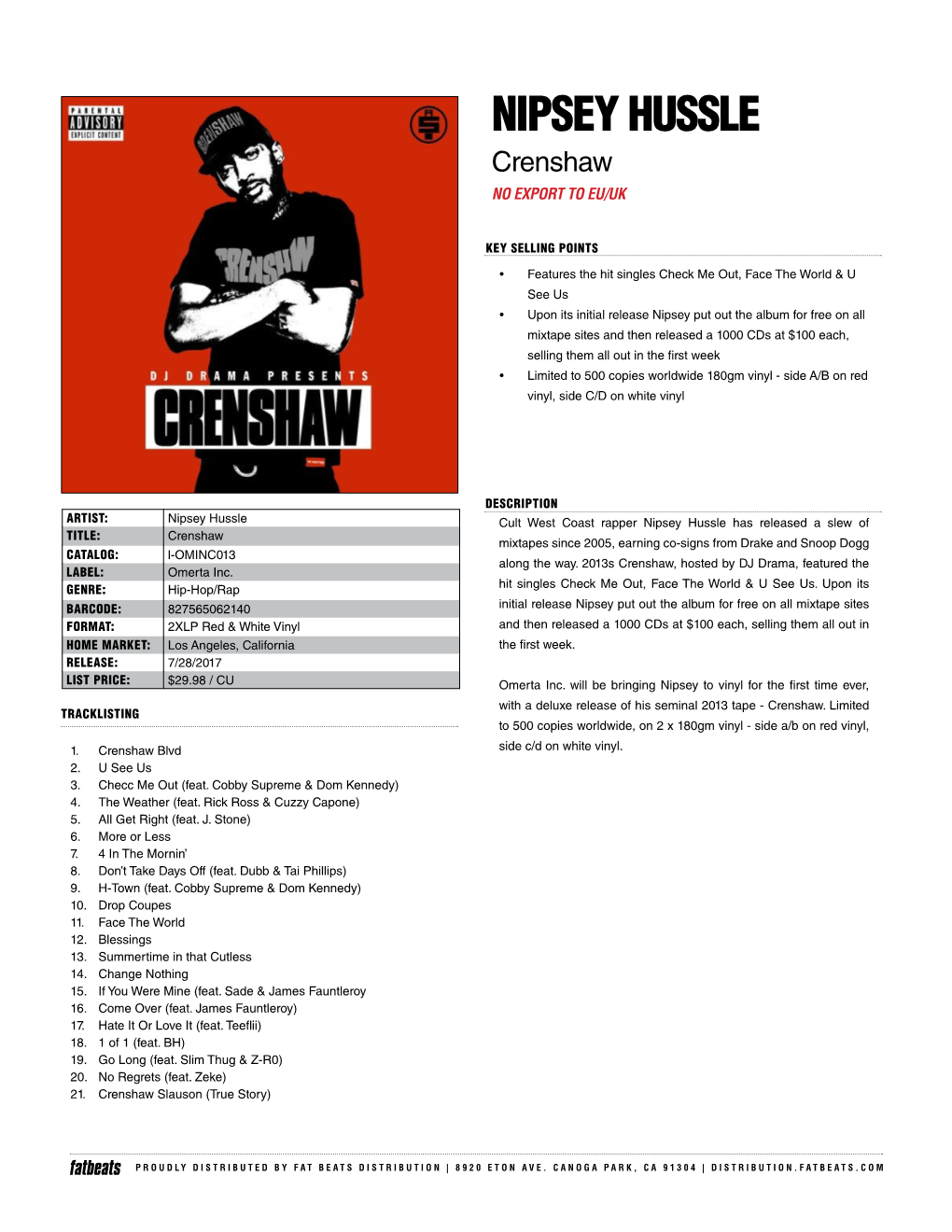 NIPSEY HUSSLE Crenshaw NO EXPORT to EU/UK