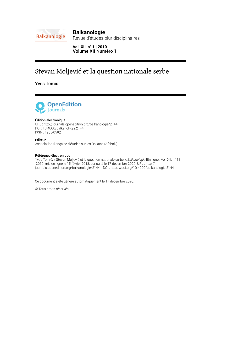 Balkanologie, Vol. XII, N° 1 | 2010 Stevan Moljević Et La Question Nationale Serbe 2