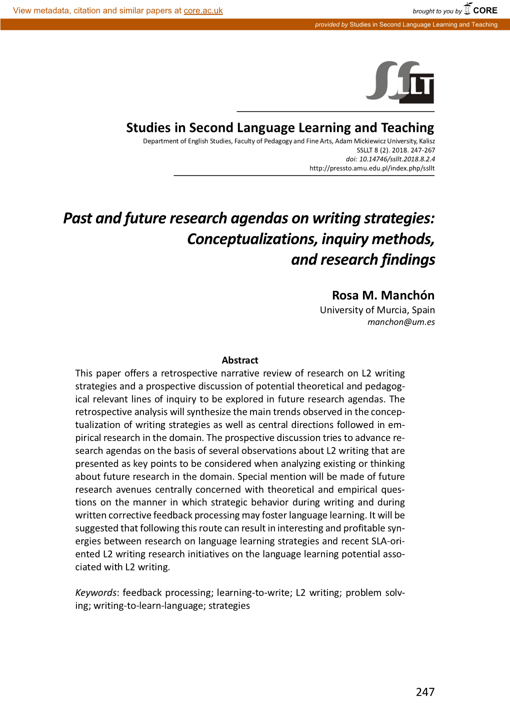 Past and Future Research Agendas on Writing Strategies: Conceptualizations, Inquiry Methods, and Research Findings