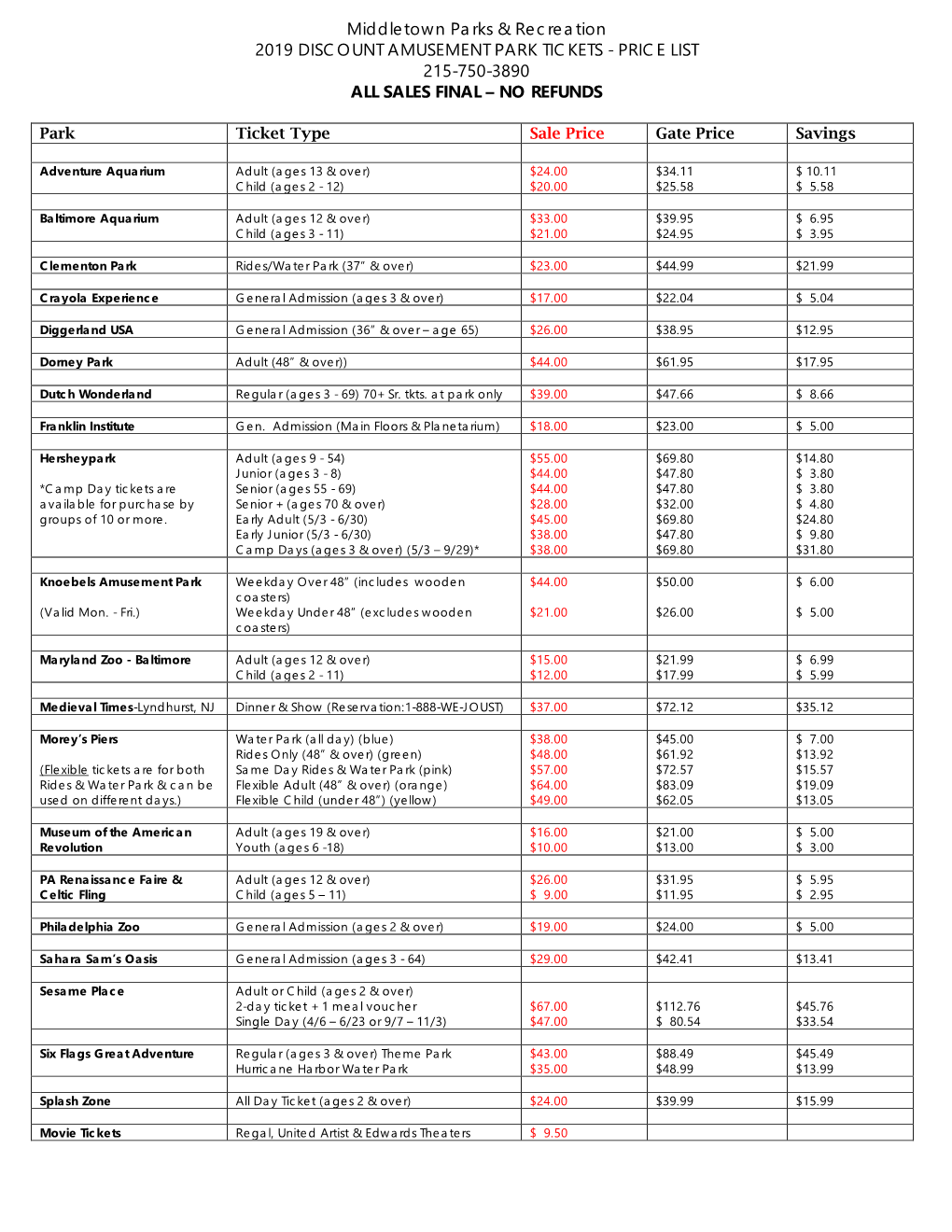 Middletown Parks & Recreation 2019 DISCOUNT AMUSEMENT PARK TICKETS