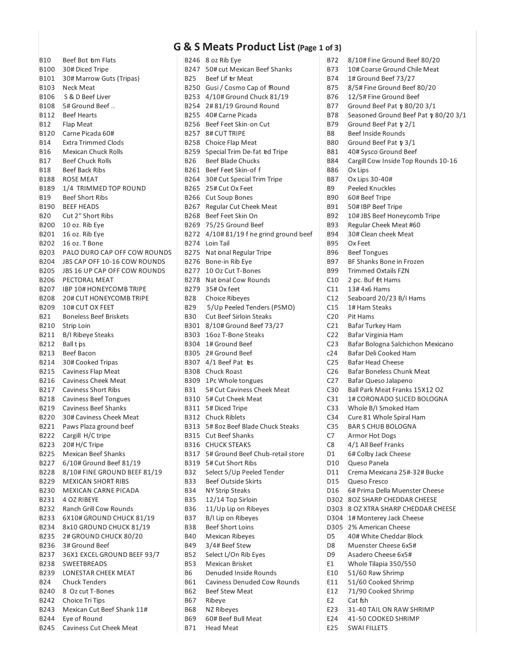 G & S Meats Product List (Page 1 of 3)