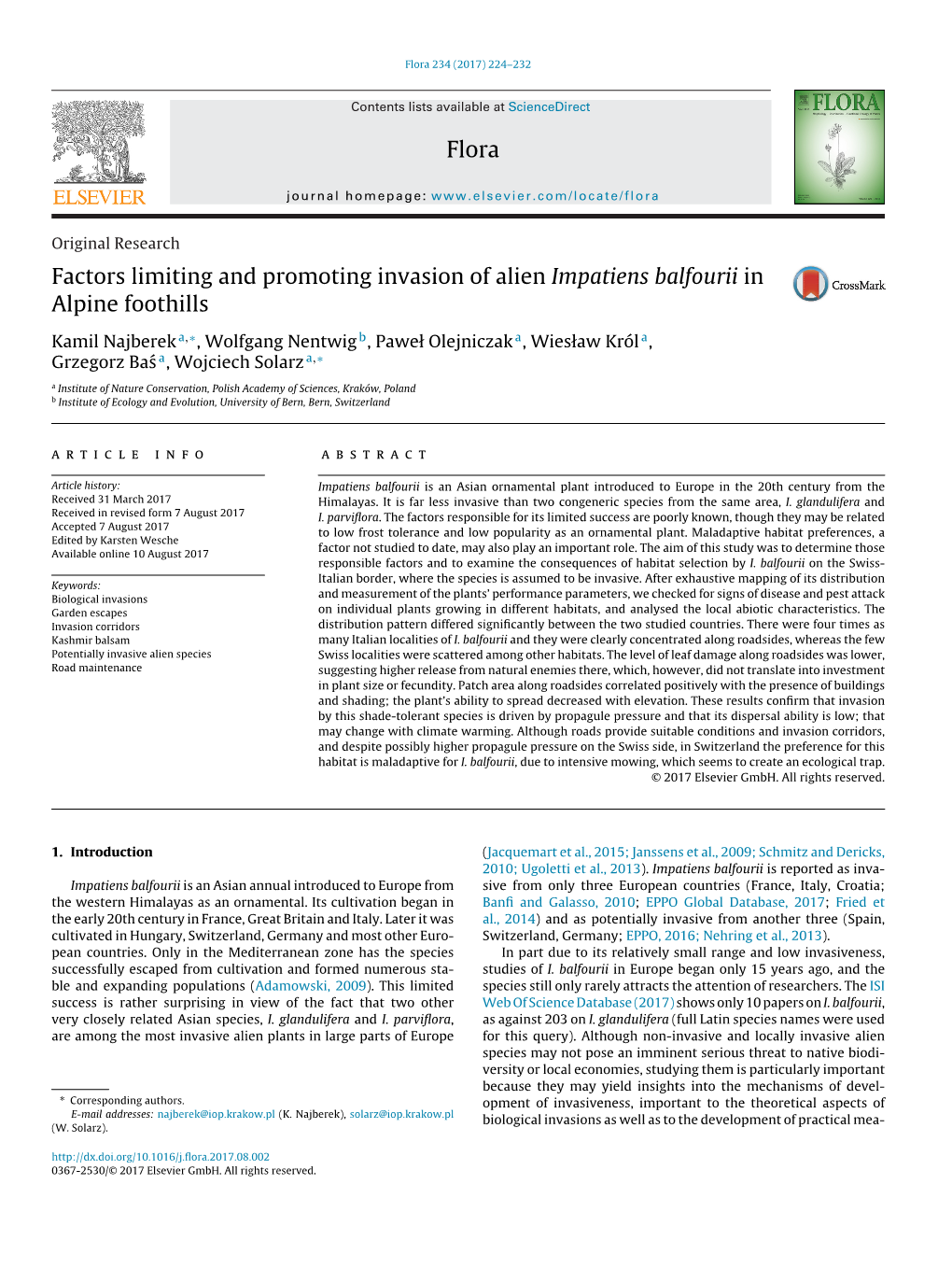 Factors Limiting and Promoting Invasion of Alien Impatiens Balfourii in Alpine Foothills