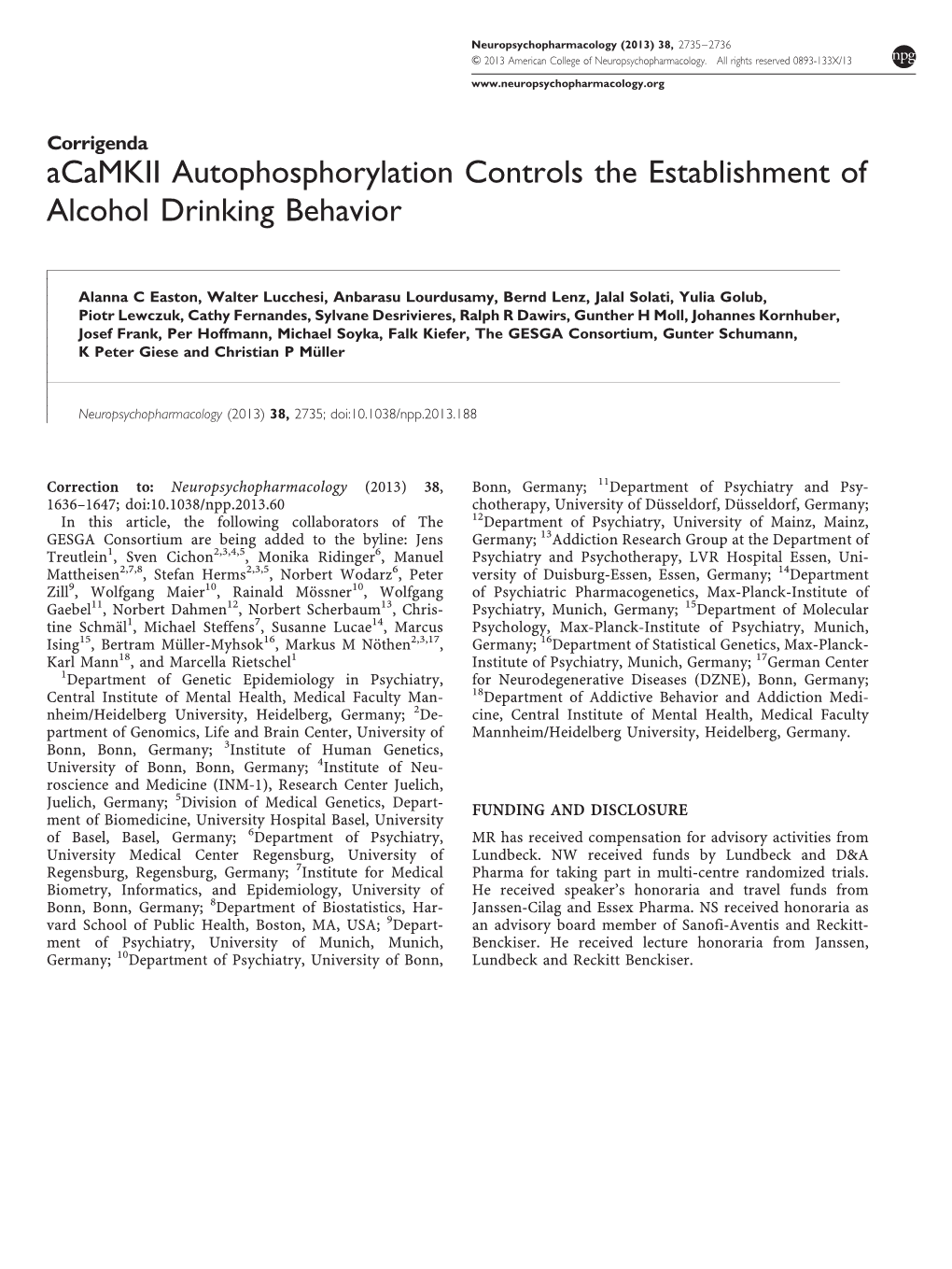 Acamkii Autophosphorylation Controls the Establishment of Alcohol Drinking Behavior