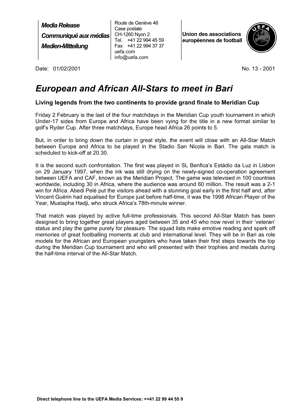 European and African All-Stars to Meet in Bari