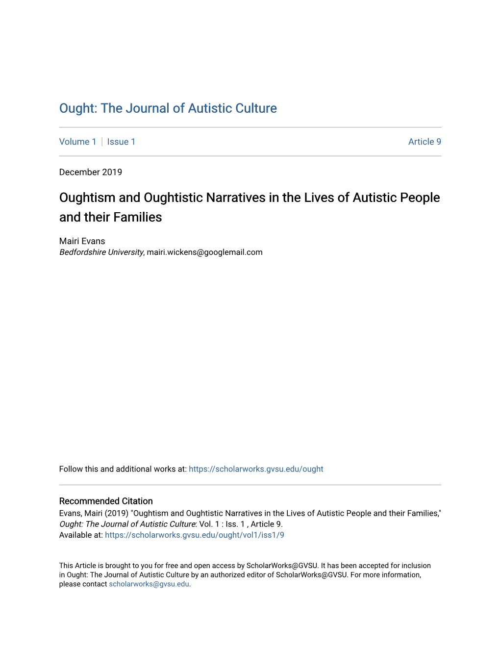 Oughtism and Oughtistic Narratives in the Lives of Autistic People and Their Families