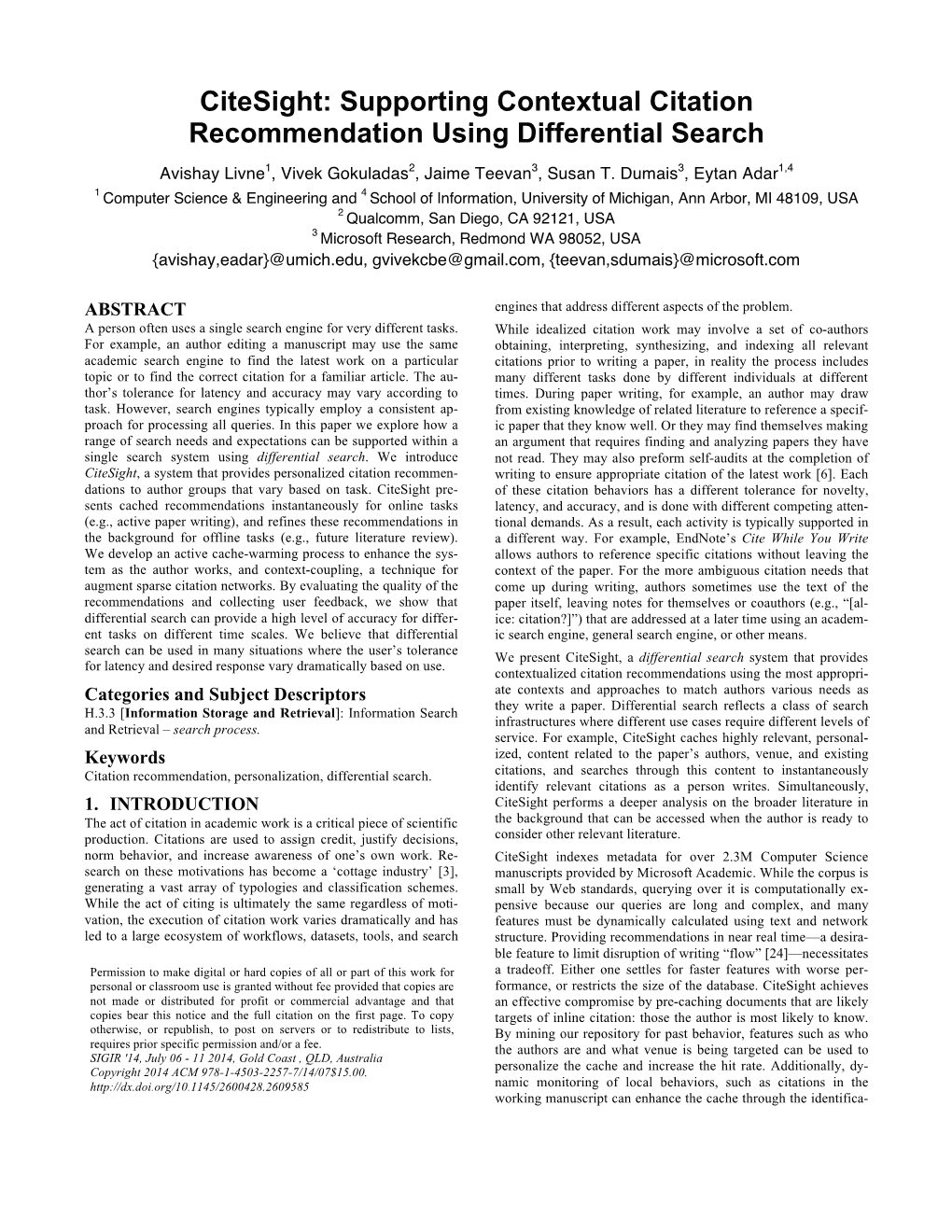 Citesight: Supporting Contextual Citation Recommendation Using Differential Search