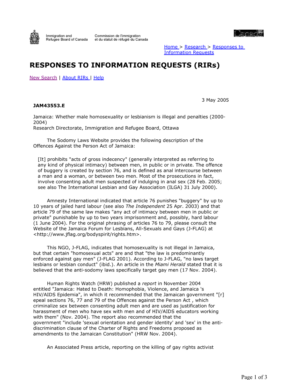 Whether Male Homosexuality Or Lesbianism Is Illegal and Penalties (2000- 2004) Research Directorate, Immigration and Refugee Board, Ottawa