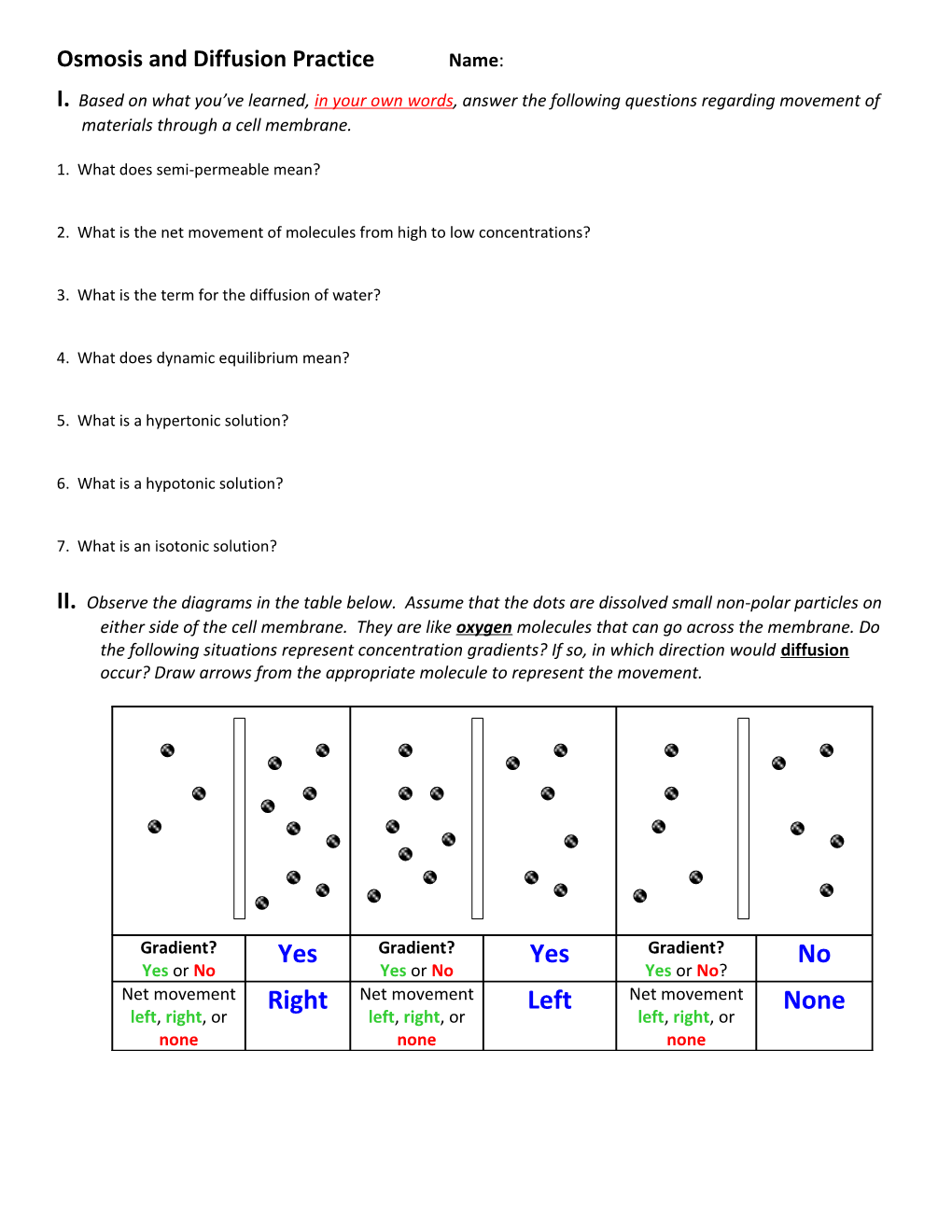 Osmosis and Diffusion Practice