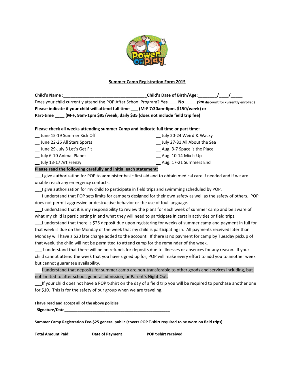 Summer Camp Registration Form 2015