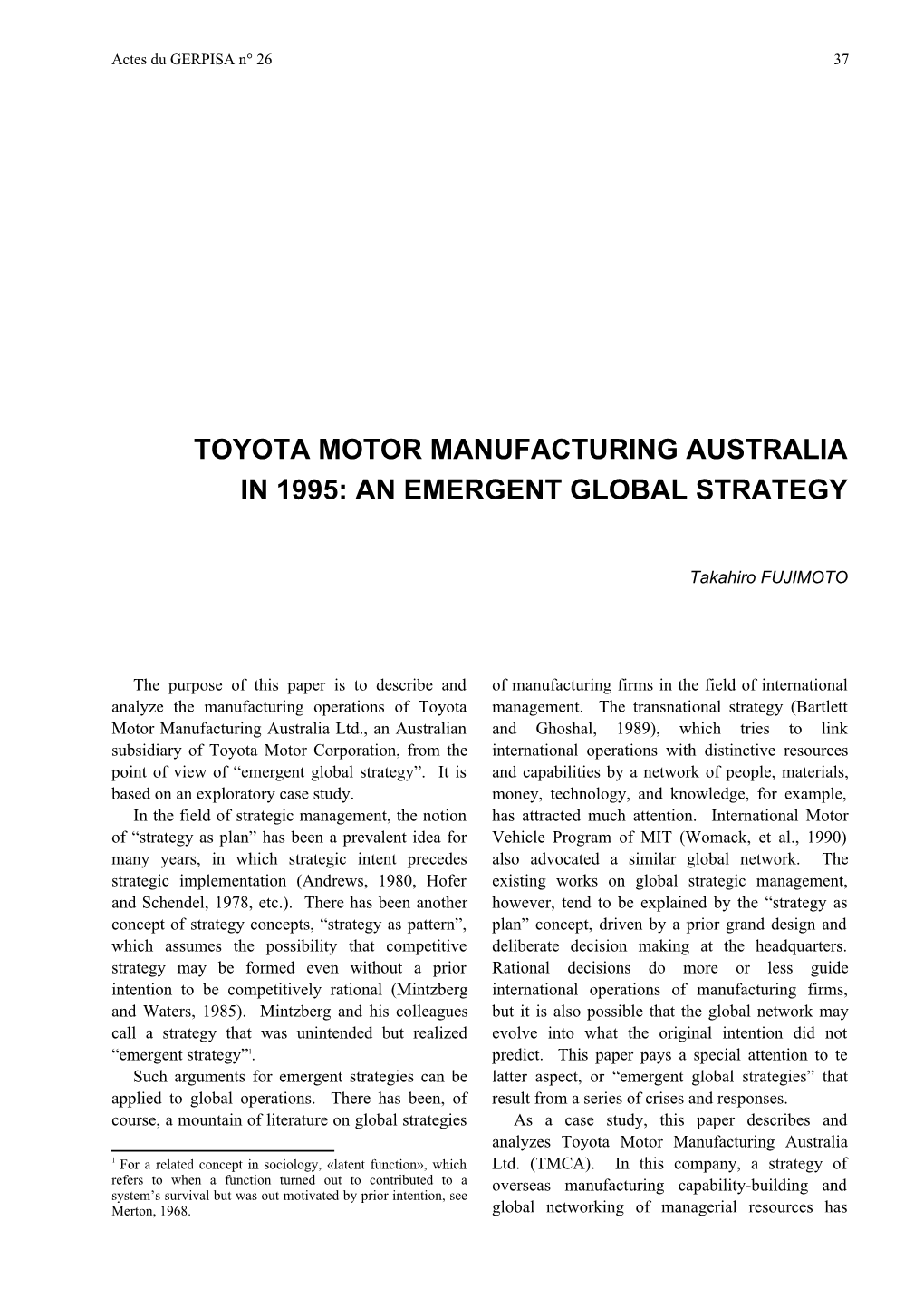 Toyota Motor Manufacturing Australia in 1995: an Emergent Global Strategy