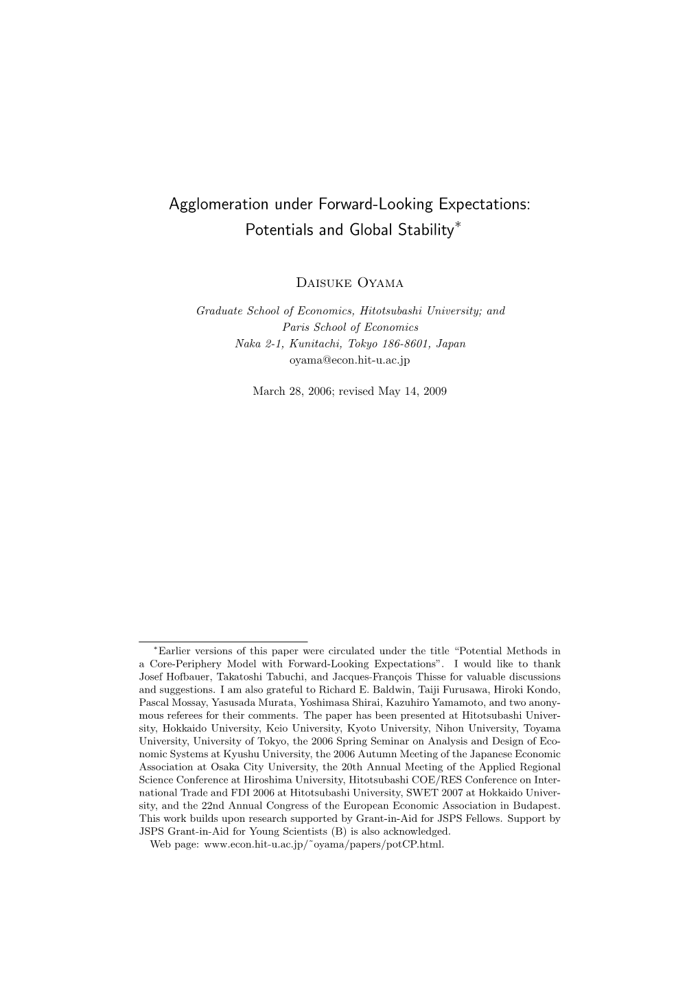 Agglomeration Under Forward-Looking Expectations: Potentials and Global Stability∗