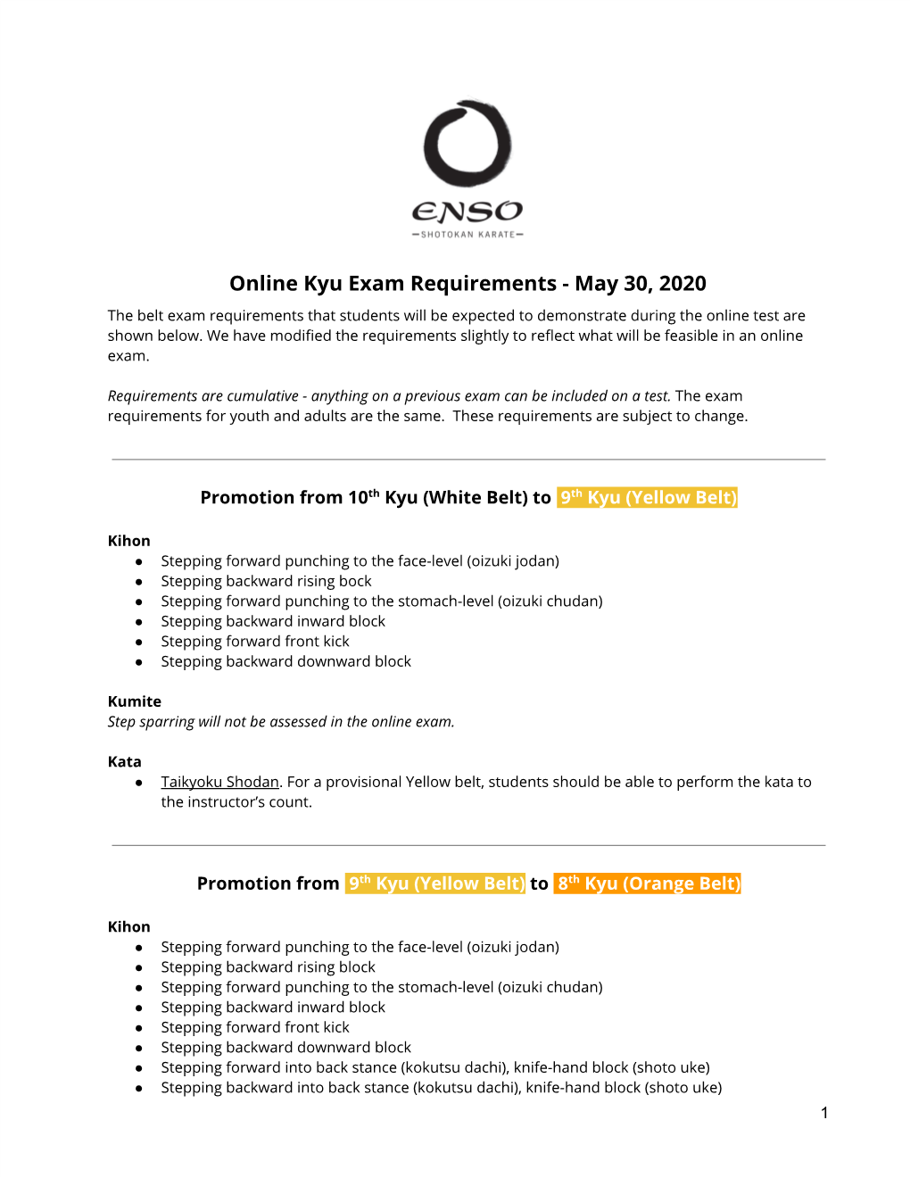 Online Kyu Exam Requirements - May 30, 2020 the Belt Exam Requirements That Students Will Be Expected to Demonstrate During the Online Test Are Shown Below