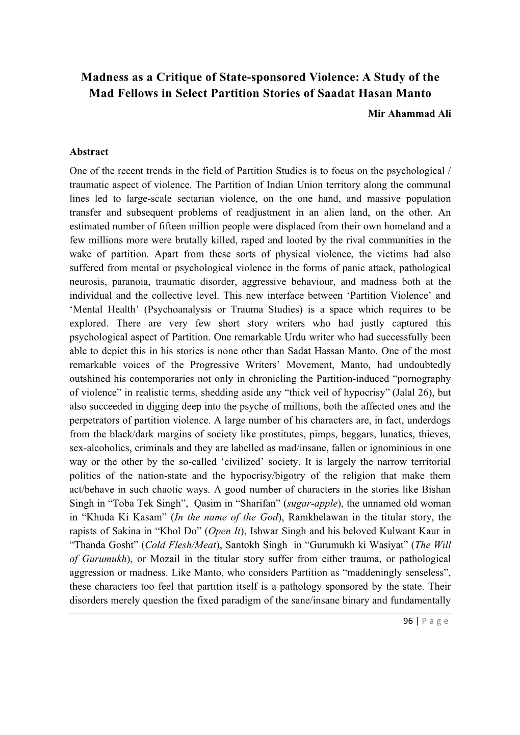 Madness As a Critique of State-Sponsored Violence: a Study of the Mad Fellows in Select Partition Stories of Saadat Hasan Manto Mir Ahammad Ali