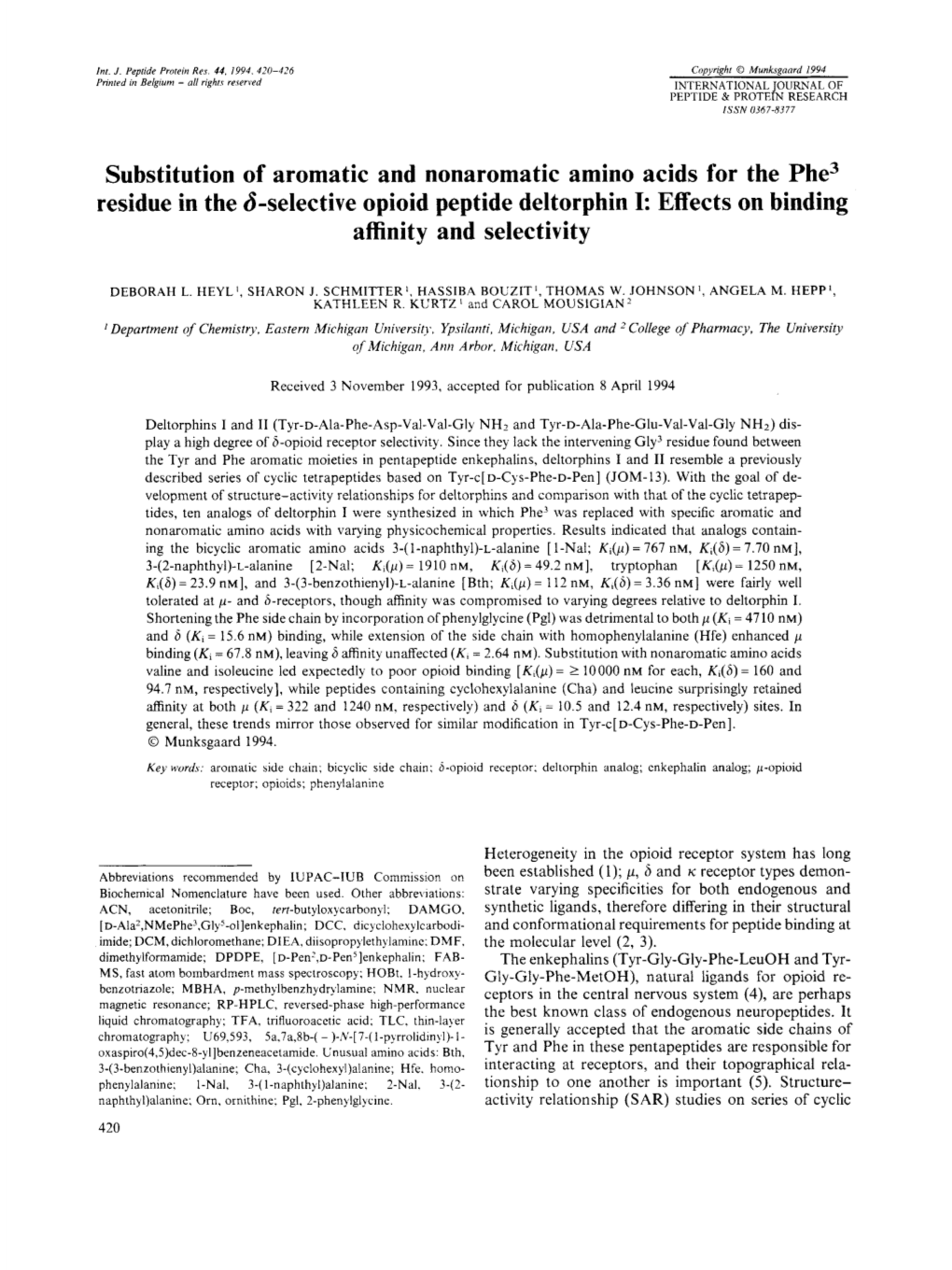 Substitution of Aromatic and Nonaromatic Amino Acids for the Phe3 Residue in the Δ-Selective Opioid Peptide Deltorphin I