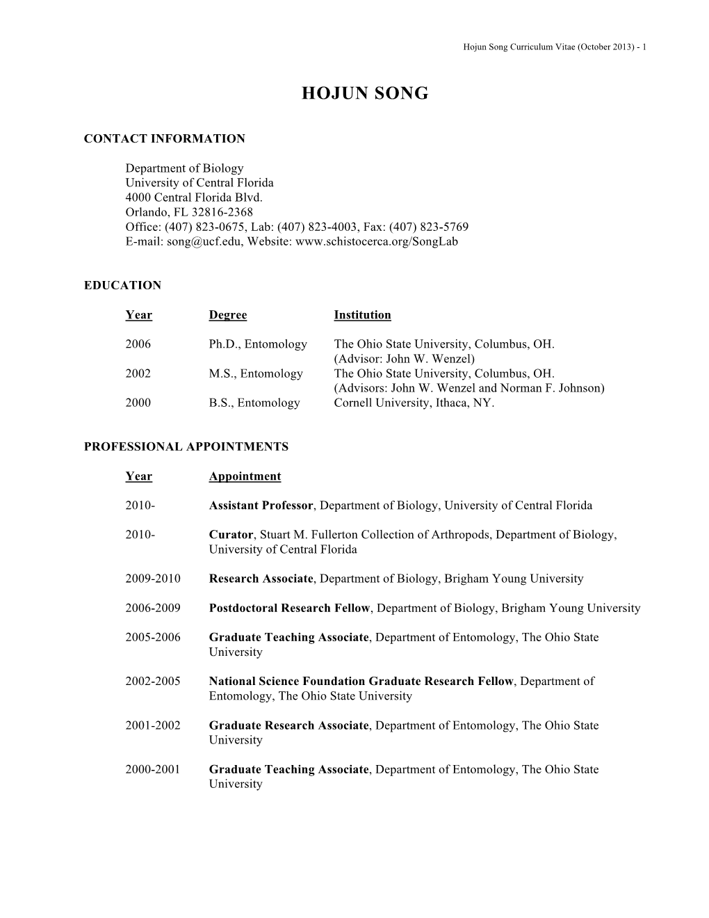 Hojun Song Curriculum Vitae (October 2013) - 1