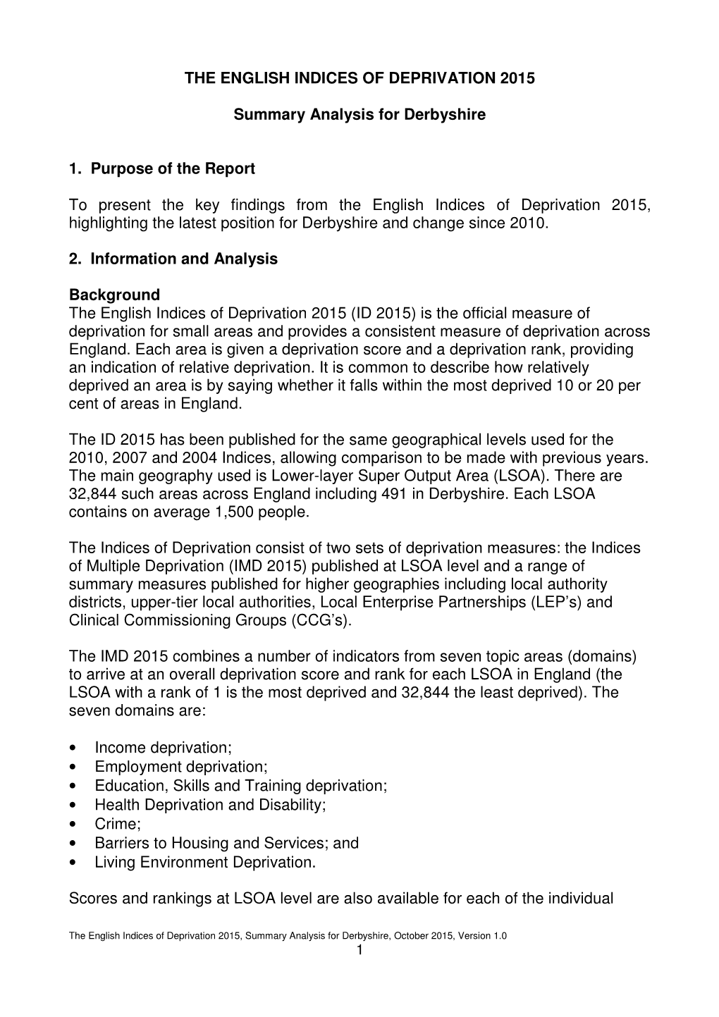 THE ENGLISH INDICES of DEPRIVATION 2015 Summary