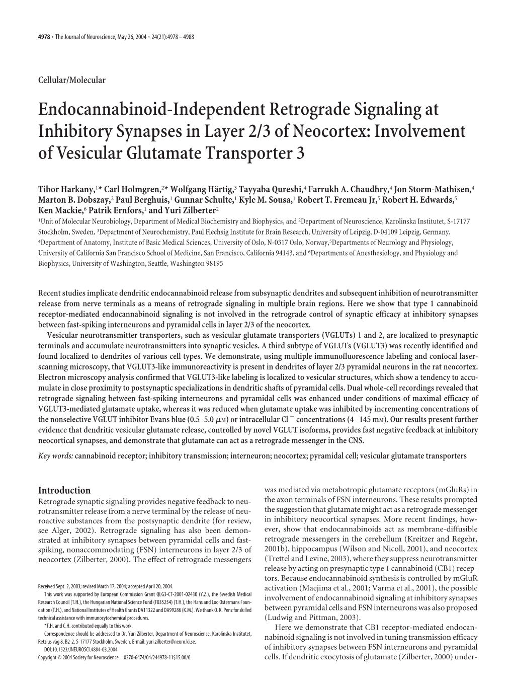 Endocannabinoid-Independent Retrograde Signaling at Inhibitory Synapses in Layer 2/3 of Neocortex: Involvement of Vesicular Glutamate Transporter 3