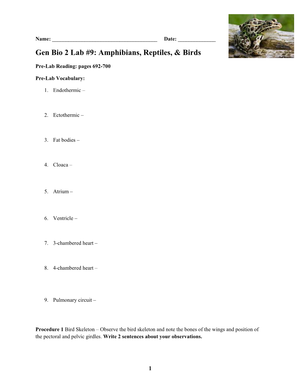 Gen Bio 2 Lab #9: Amphibians, Reptiles, & Birds