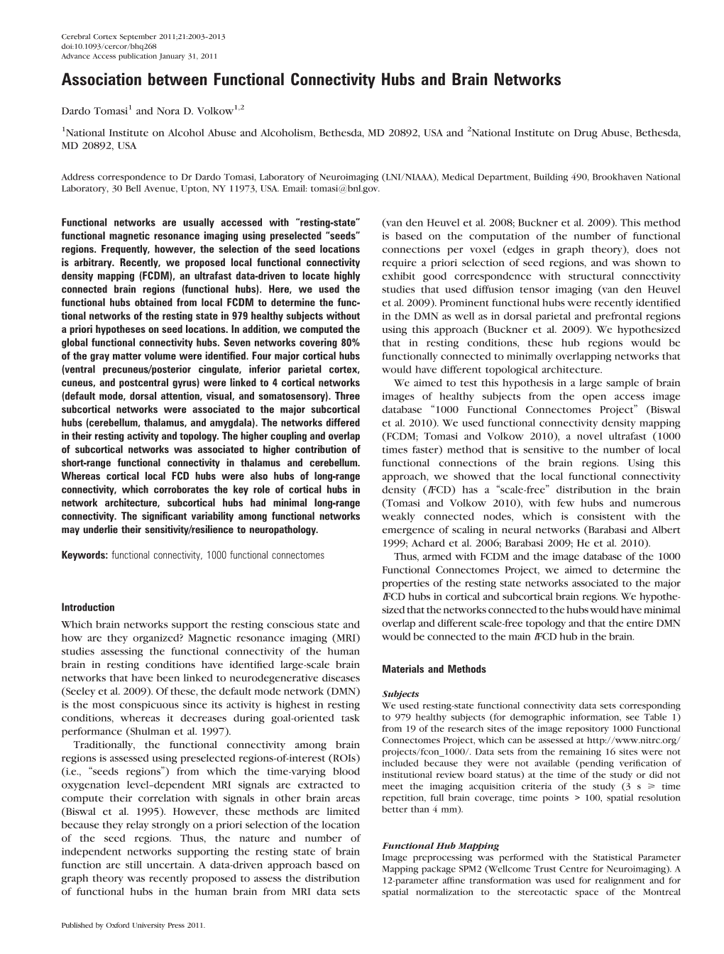 Association Between Functional Connectivity Hubs and Brain Networks