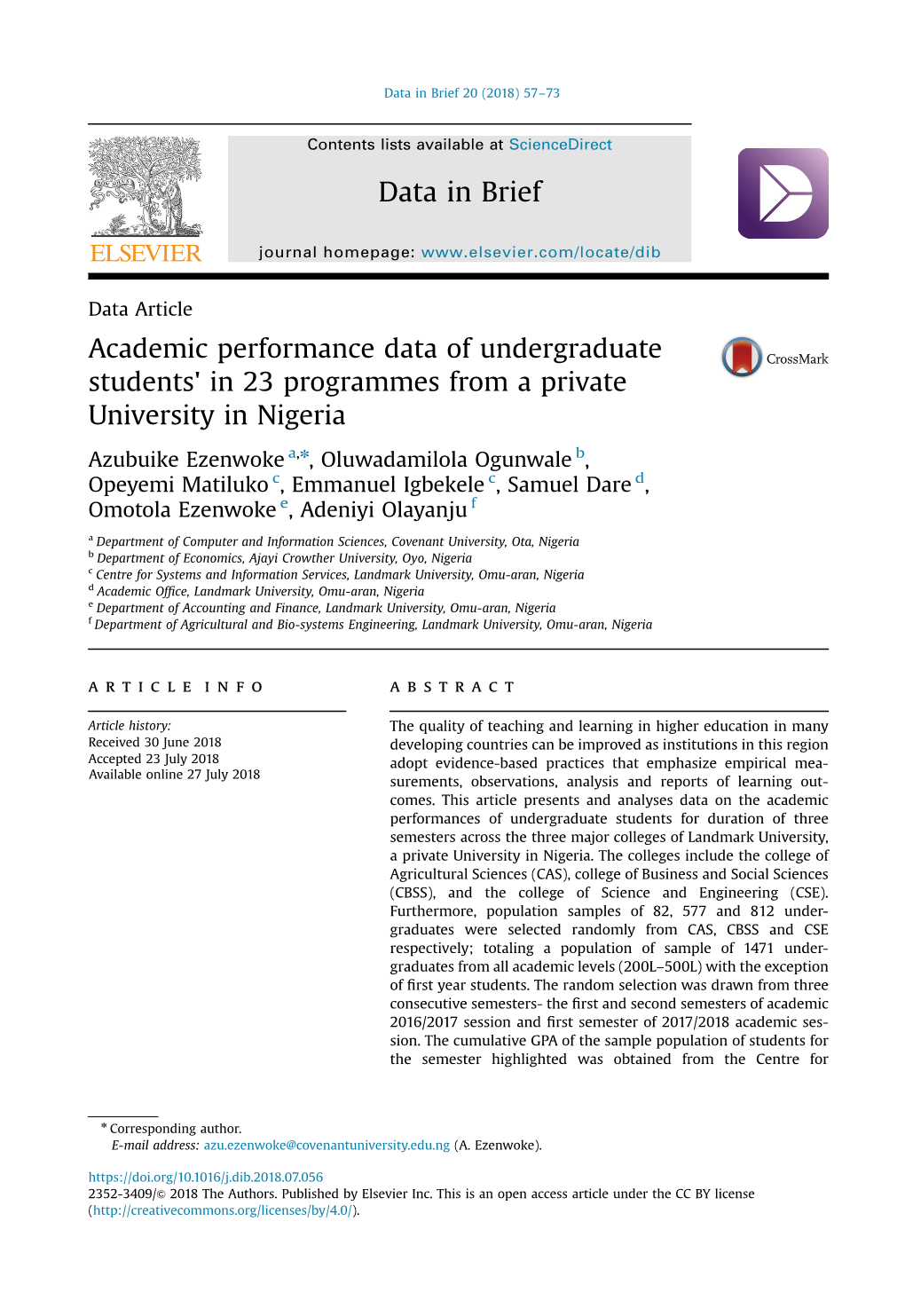 Academic Performance Data of Undergraduate Students' in 23 Programmes from a Private University in Nigeria Data in Brief