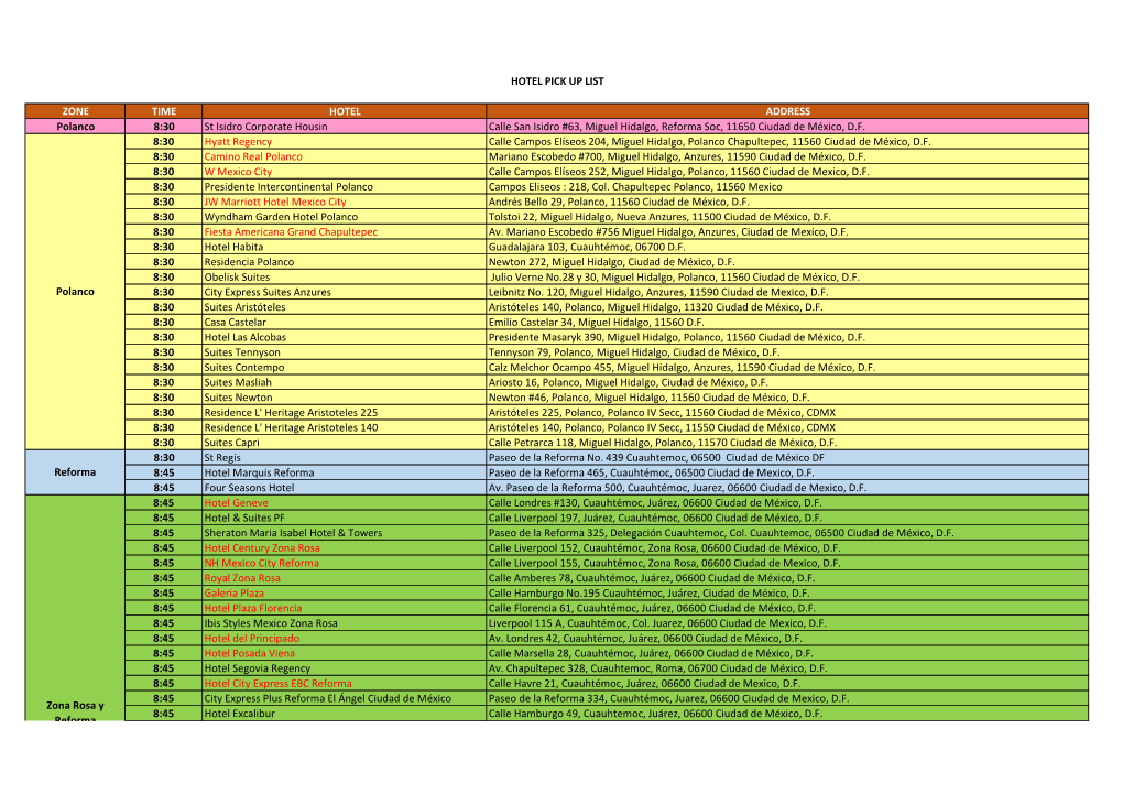 ZONE TIME HOTEL ADDRESS Polanco 8:30 St Isidro Corporate Housin Calle San Isidro #63, Miguel Hidalgo, Reforma Soc, 11650 Ciudad De México, D.F