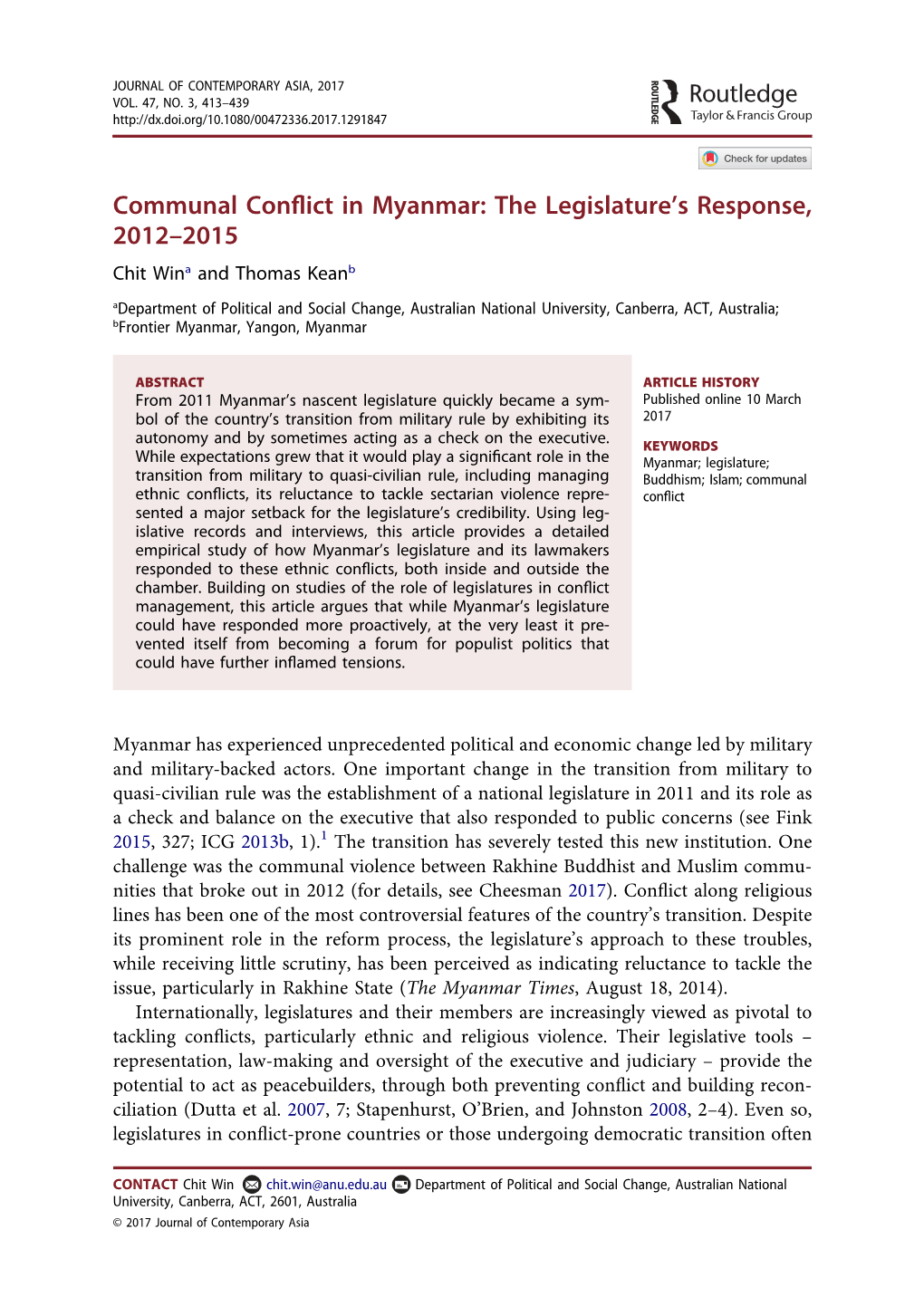 Communal Conflict in Myanmar: the Legislature's Response, 2012–2015