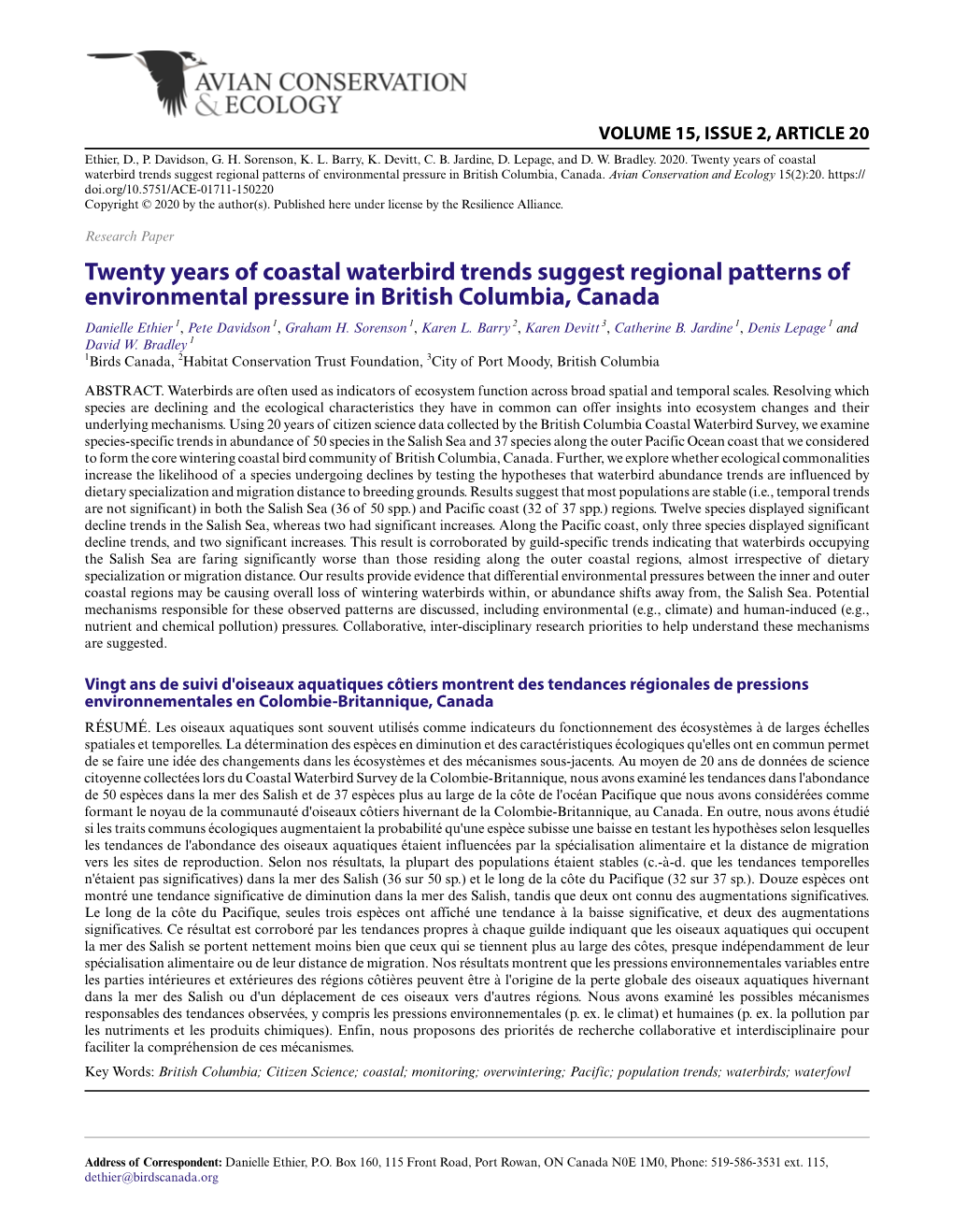 Twenty Years of Coastal Waterbird Trends Suggest Regional Patterns of Environmental Pressure in British Columbia, Canada